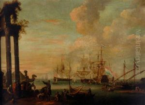 A Coastal Landscape With Merchants And Travellers By A Ruined Arch, Dutch Men-o'-war And Other Shipping Moored In A Calm Beyond