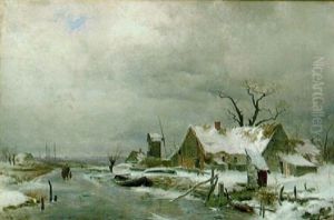 Skanskt Vinterlandskap Med Figurer Pa Frusen A, I Forgrunden Molla Och Hus by Gustaf Rydberg