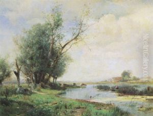 Skanskt Idylliskt Landskap Med Hus, Figurer Och Man I Eka I Vattendrag Med Nackrosor by Gustaf Rydberg