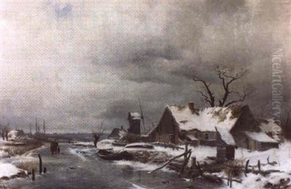 Vinterlandskap Med Hus, Molla Och Promenerande Figurer Pa   Frusen A - view 1