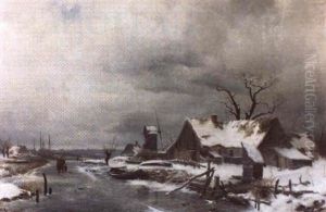 Vinterlandskap Med Hus, Molla Och Promenerande Figurer Pa Frusen A by Gustaf Rydberg