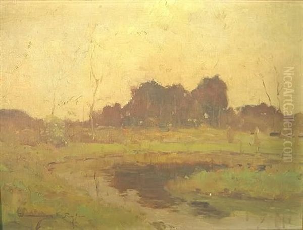 Landscape With Field And Stream In Foreground, Distant Dark Trees - view 1