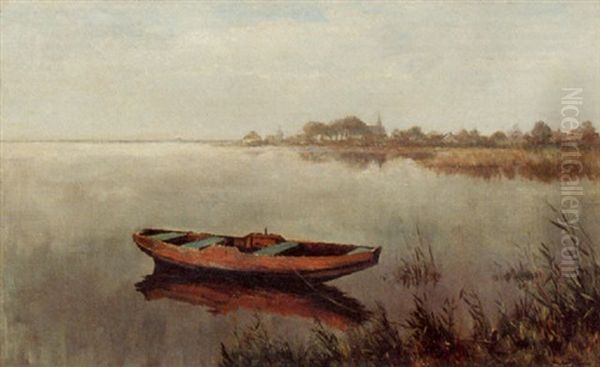 Rowing Boat On A Lake With A Town In The Background - view 1