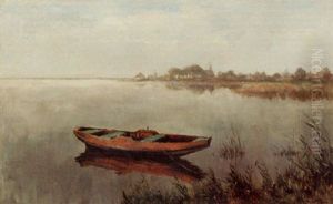 Rowing Boat On A Lake With A Town In The Background