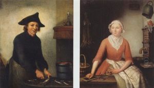 A Man Cleaning Fish By A Table In An Interior A Man Cleaning Fish By A Table In An Interior
