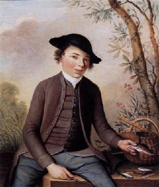 Young Man Seated On A Brick Wall, Cleaning Fresh-water Fish - view 1