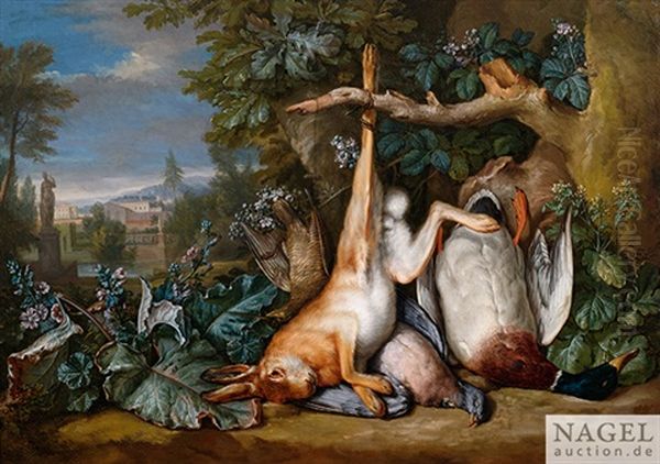 Jagdstilleben Mit Hase, Ente Und Taube Vor Weitem Landschaftshintergrund - view 1