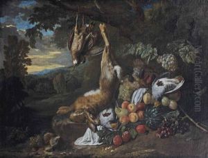 A Forest Floor With A Dead Hare And Partridges Hanging From A Branch Together With A Fruit Still Life, A Mountainous Landscape In The Distance by Peter (Pieter Andreas) Rysbrack