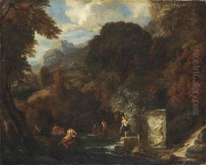 A Idyllic Mountainous Landscape With Figures By A Stream by Peter (Pieter Andreas) Rysbrack