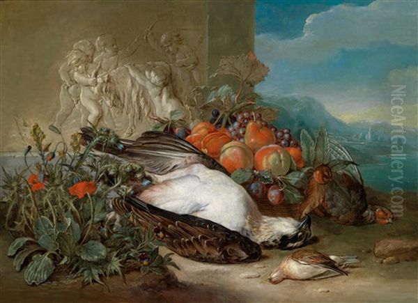 Ein Paar Jagdstillleben Mit Erlegtem Niederwild, Einem Blumenbouquet Und Fruchten In Einer Weiten Landschaft, Eines Vor Einem Steinrelief Mit Spielenden Putten (pair) - view 1