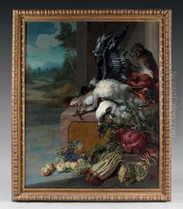 Un Trophee De Chasse Dans Un Paysage De Parc Avec Une Nature Morte De Fruits by Peter (Pieter Andreas) Rysbrack