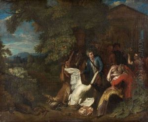 Le Retour De La Chasse Et Personnages Au Pied D'une Statue (pair) by Peter (Pieter Andreas) Rysbrack