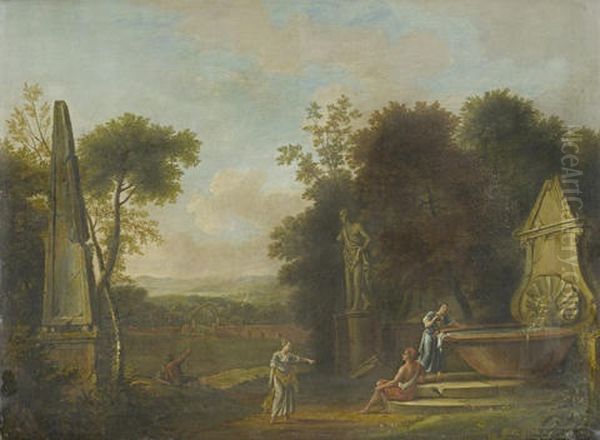 Figures At A Well, Amongst Classical Ruins, In An Italianate Landscape, With A Village In The Distance by Peter (Pieter Andreas) Rysbrack