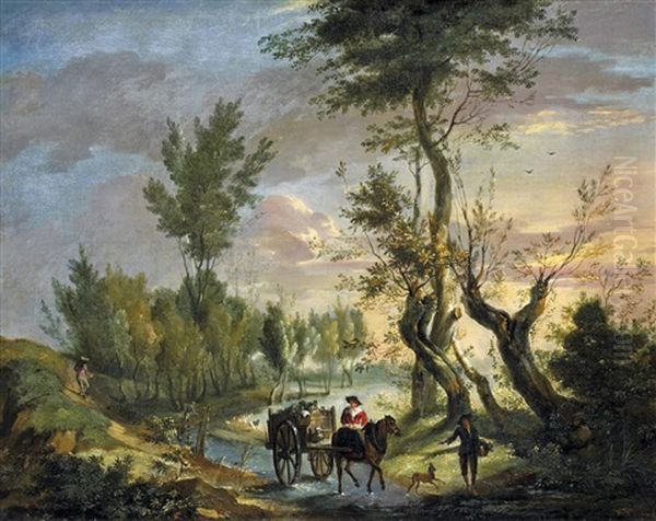 Flamische Landschaft In Der Abendsonne. Vorn An Einer Furt Ziehendes Landvolk - view 1