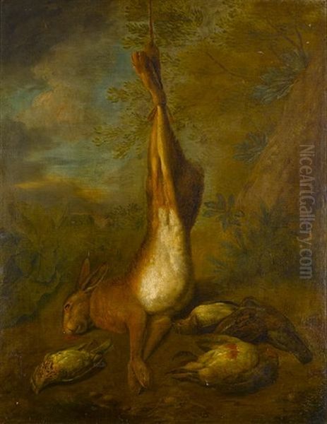 A Dead Hanging Hare With A Dead Grey Partridge, A Woodcock And A Thrush In A Landscape - view 1