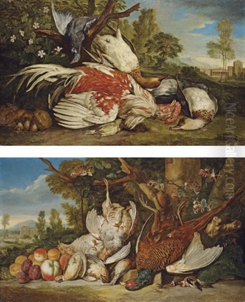 A Dead Cockerel, Ducks, A Pigeon, A Greenfinch And Mushrooms In An Italianate Landscape (+ Another; Pair) - view 1