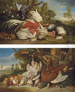 A Dead Cockerel, Ducks, A Pigeon, A Greenfinch And Mushrooms In An Italianate Landscape (+ Another; Pair)