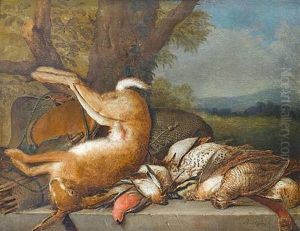 A Dead Hare With A Dead Woodcock, Bullfinch, Great Tit And Other Thrushes And Finches On A Stone Ledge With Hunting Paraphanalia, A Landscape Beyond by Peter (Pieter Andreas) Rysbrack