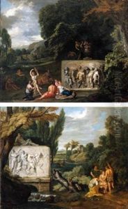 A Classical Scene With A Sarcophagus, Depicting Pan And The Drunken Silenus, On A Small Bridge Over A Stream (+ A Classical Scene With Figures Resting And Maidens Making Music By A Larg