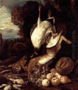 Game Still Life With A Duck, A Hare, Small Birds And Fruits In A Landscape