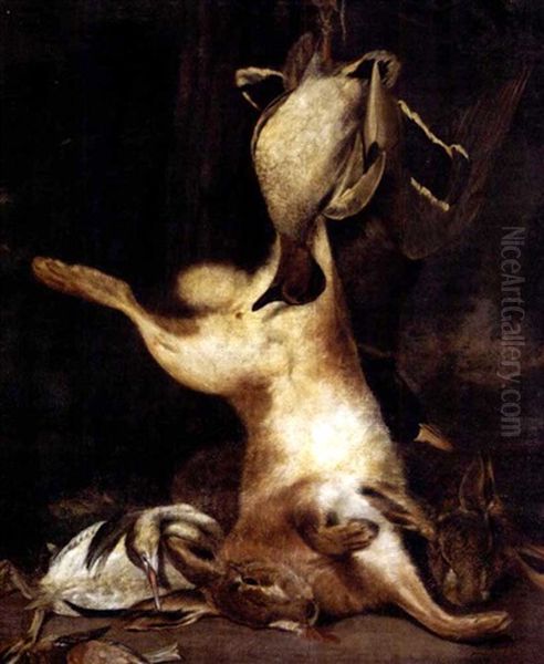 Game Still Life With Two Hares, A Heron, A Duck And Songbirds In A Landscape - view 1