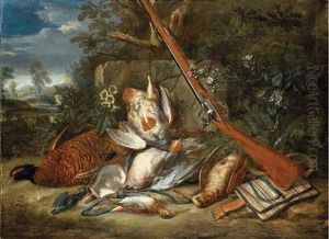 A Pheasant, A Partridge, A Pigeon, A Woodcock, A Snipe And A Kingfisher With A Powder-flash And Gun On A Forest Floor, A Landscape Beyond