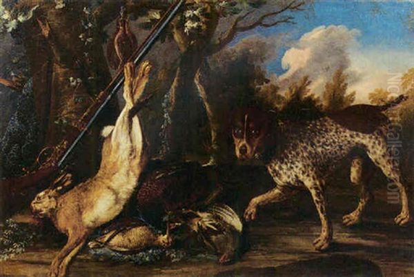 A Dead Hare And Dead Snipes Hanging From A Tree With A Pheasant, A Snipe And A Partridge On The Ground, A Hound Onlooking - view 1