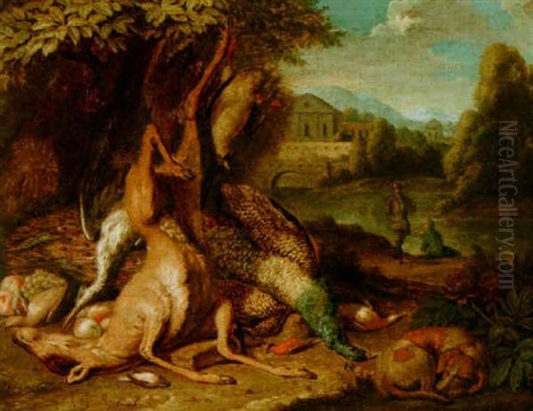A Hunting Still Life With A Deer, A Peacock, A Heron And Songbirds, Together With A Dog, In A Park Setting - view 1