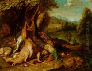 A Hunting Still Life With A Deer, A Peacock, A Heron And Songbirds, Together With A Dog, In A Park Setting by Peter (Pieter Andreas) Rysbrack