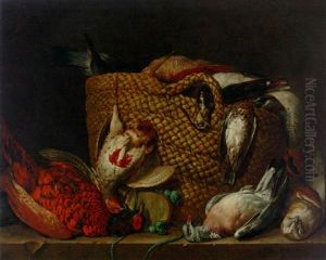 A Pheasant, Pigeon, Owl, And A Basket With A Partridge, Duck, Lapwing And Woodcock On A Ledge