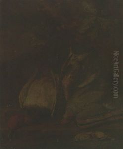 Still Life Of A Widgeon, A Green Woodpecker And Other Birds, Together With A Powder Case, In A Wooded Landscape