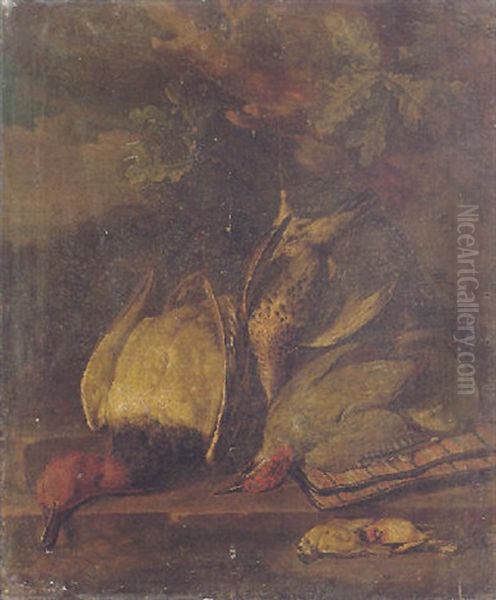 Still Life Of A Widgeon, A Woodpecker, A Partridge And Other Birds Together With A Powder Case, In Wooded Landscape - view 1