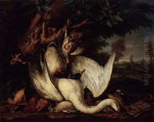 Still Life Of A Swan, Duck, Partridge, Snipe, Pheasant And Other Birds In A Landscape