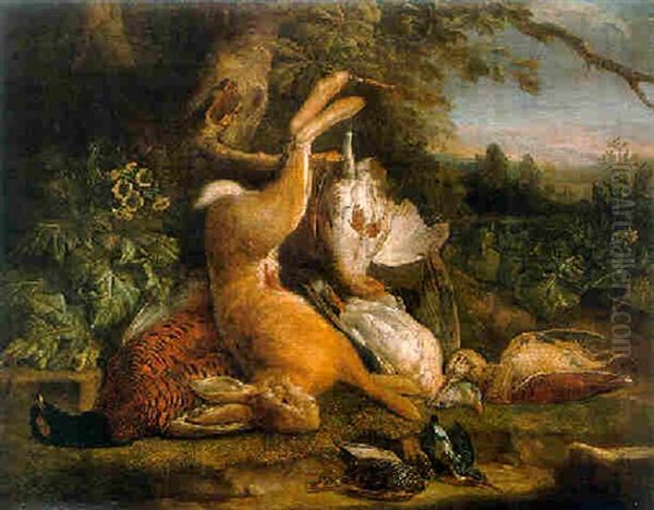A Dead Hare Handing From A Tree With A Dead Pheasant, A Snipe, And Other Birds On A Mossy Bank - view 1