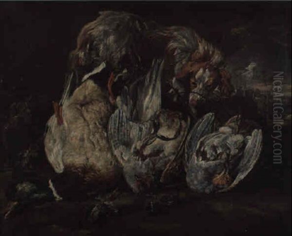 Stilleben Mit Totem Federvieh Und Hund - view 1