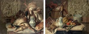 Nature Morte Au Lievre Et Fruits Devant Un Bas-relief Et Nature Morte Au Pichet De Faience (pair)