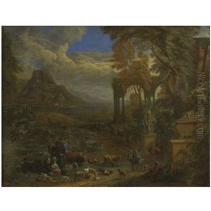 A Southern Landscape With Travellers Resting On A Path With Their Herd And Camels Near Antique Ruins