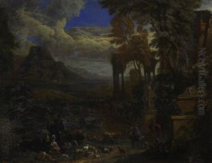 Sudliche Landschaft Mit Architekturen Zwischen Baumen, Im Vordergrund Eine Schafherde Und Rastende Kamele Mit Reisende