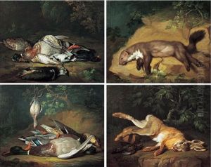 Natures Mortes Aux Lievre, Fouine, Canards Colvert, Vanneau, Grives, Merle Et Perdreau (set Of 4)