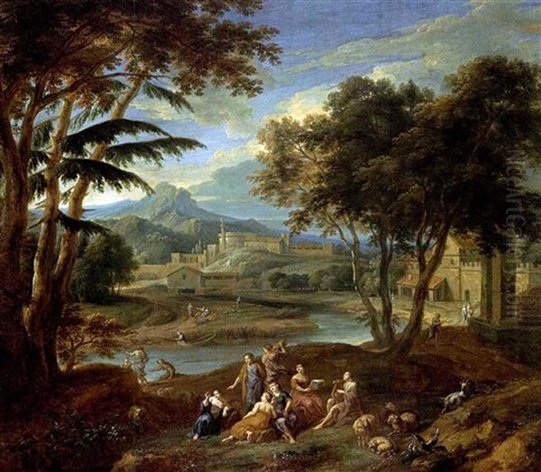 A Classical Landscape With Figures Making Music In The Foreground And Fishermen Near A Stream, A Village In The Background - view 1