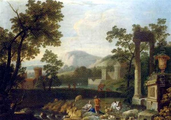 An Italianate Landscape With Shepherds By Classical Ruins - view 1