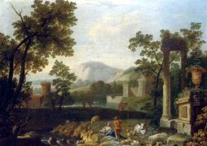 An Italianate Landscape With Shepherds By Classical Ruins by Pieter Rysbraeck