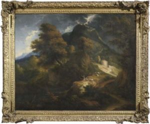 Wilde Gebirgslandschaft In Gewitterstimmung Mit Rastenden Hirten
