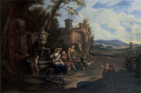 A Classical Italianate Landscape With A Peasant Family Resting By A Fountain With A Classical Urn, Mountains Beyond - view 1