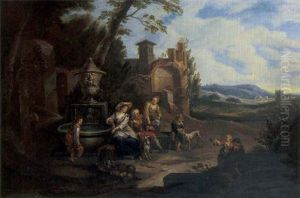 A Classical Italianate Landscape With A Peasant Family Resting By A Fountain With A Classical Urn, Mountains Beyond