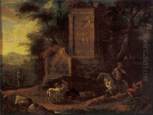 Travellers Resting By A Classical Arch In An Italianate Landscape - view 1