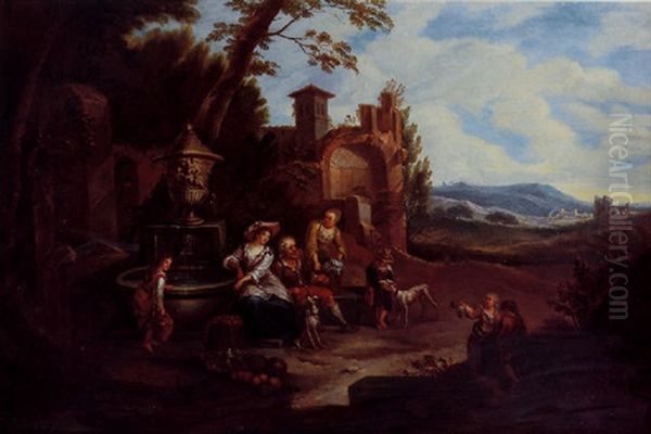 An Italianate Landscape With Fruit Vendors Resting Beside An Ornamental Fountain, Roman Ruins And Mountains Beyond - view 1