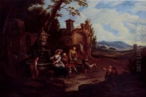 An Italianate Landscape With Fruit Vendors Resting Beside An Ornamental Fountain, Roman Ruins And Mountains Beyond