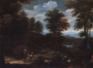 A Pastoral Landscape With A Shepherd Conversing With A Woman Carrying A Water Jar, Sheep And Goats Grazing
