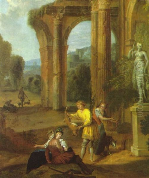 An Elegant Hunting Party Beside The Statue Of The Goddess Diana, Classical Ruins And A Mountainous Landscape Beyond - view 1